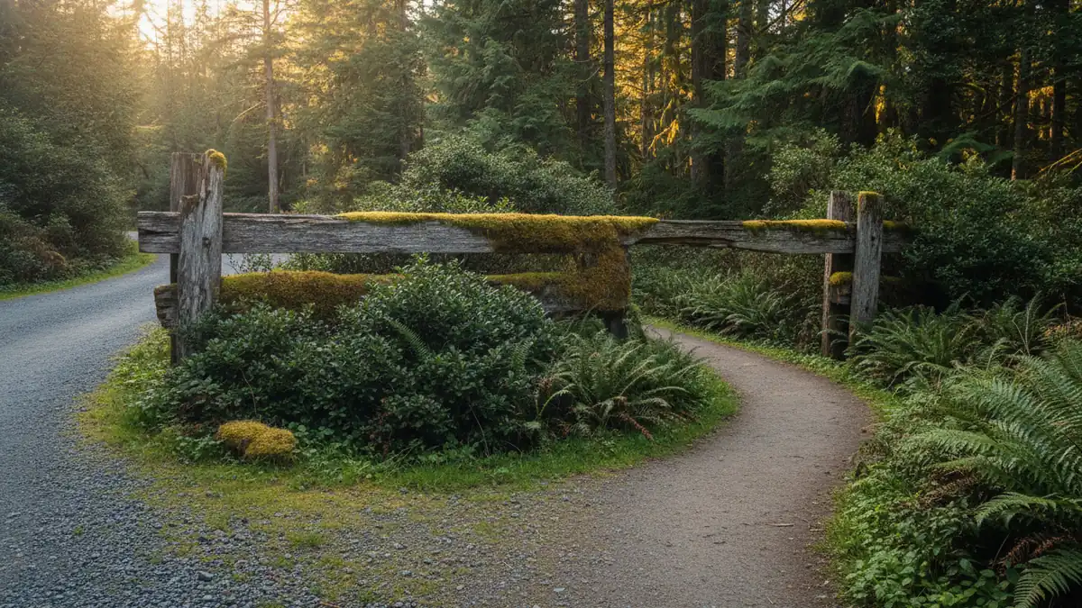 A moss-covered road-closed barrier across a gravel lane, with a footpath worn smooth through the ferns beside it where people have been walking around it for years.
