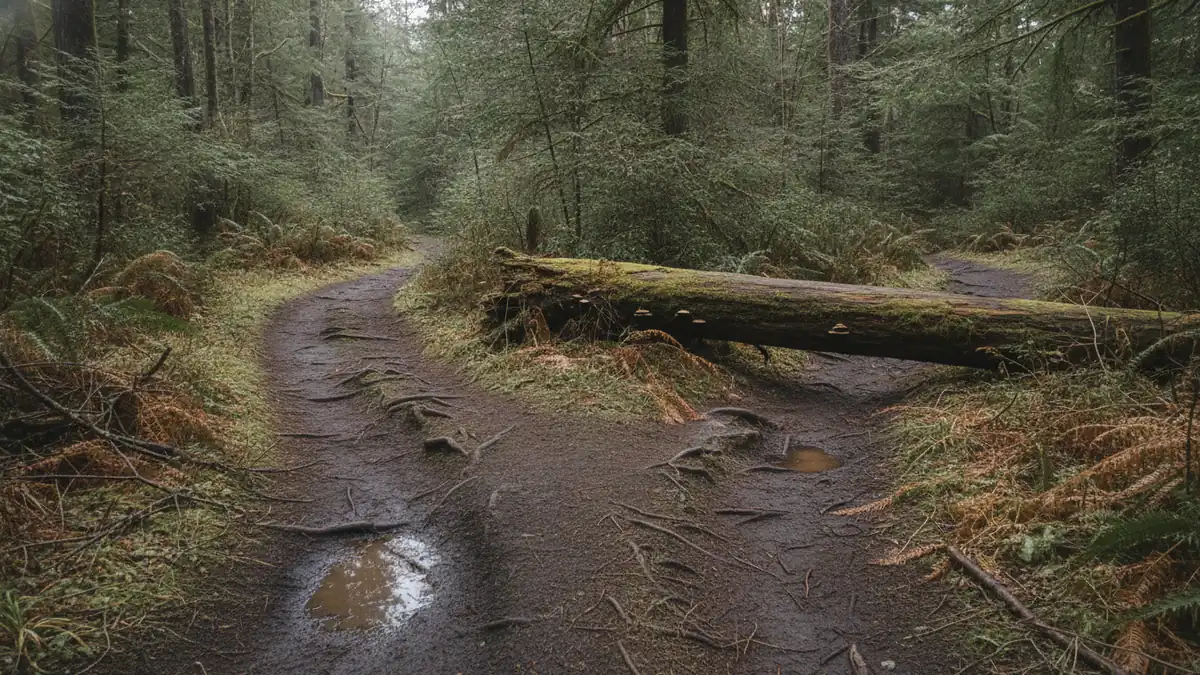 A forest trail on Vancouver Island splitting around a long fallen log, both branches worn down to bare mud to the same depth, rejoining out of sight beyond it.