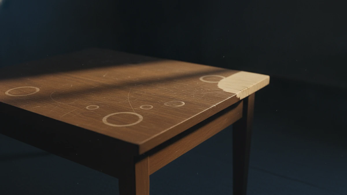 A close view of an old wooden coffee table top lit by a single lamp, its surface covered in fine scratches and pale water rings, with one corner worn bare of its finish.