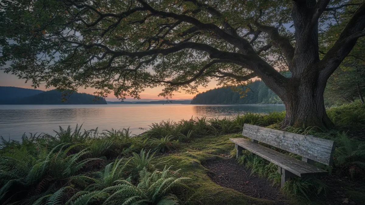 An empty weathered bench under a broad, spreading tree at dusk, the last amber light on the water beyond, sword fern around it.