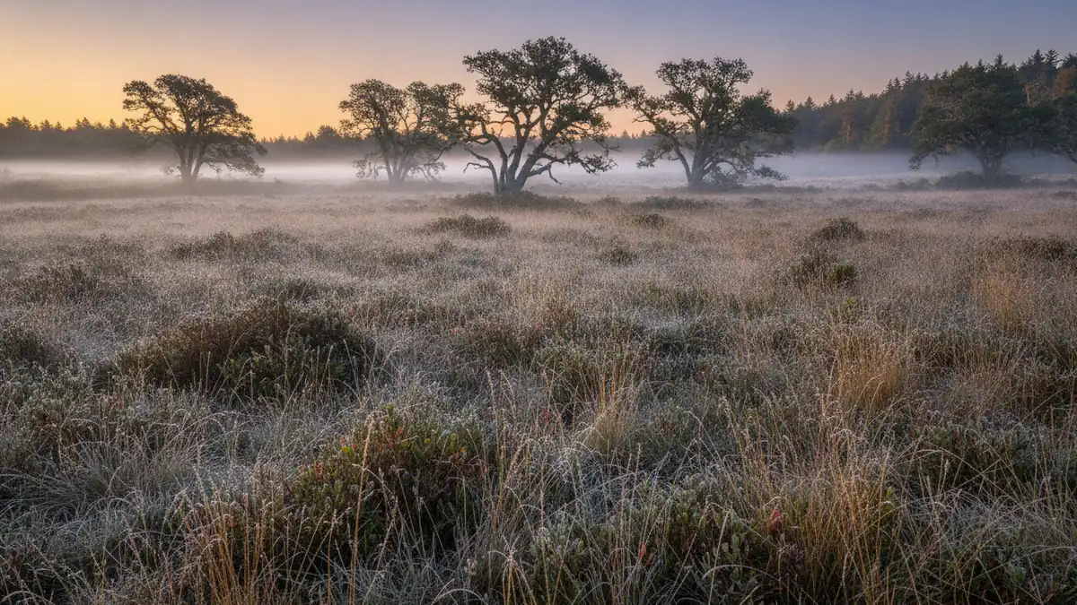 A Garry oak meadow at first light, the grass silvered with a thin frost-like dew glittering in the low sun, mist lying in the hollows.