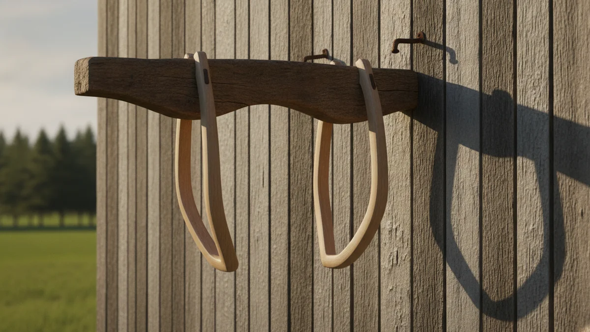 A wooden double ox yoke, one hand-hewn beam with two curved bows, hanging on the weathered cedar boards of a barn's outside wall, farmland soft in the background.