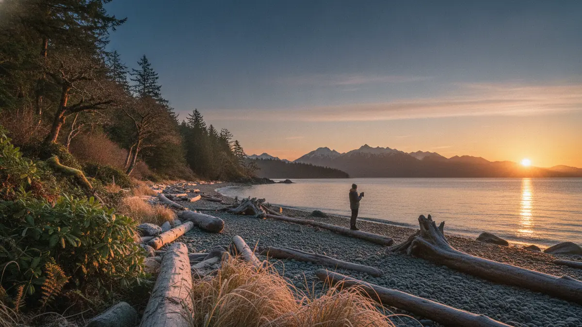 A person standing on a pebble beach strewn with driftwood, watching a late winter sunrise beside snow-capped mountains across the water.