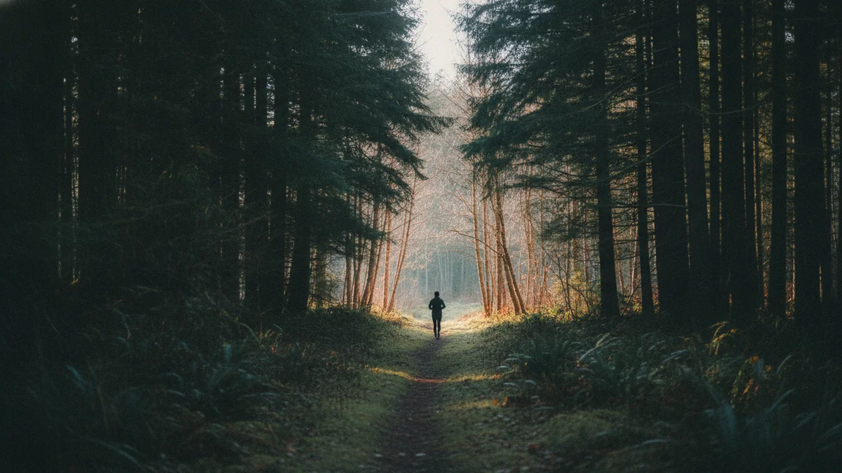 A runner seen from behind on a trail through dark Douglas fir forest, heading toward a bright clearing where bare alders stand in pale sunlight.