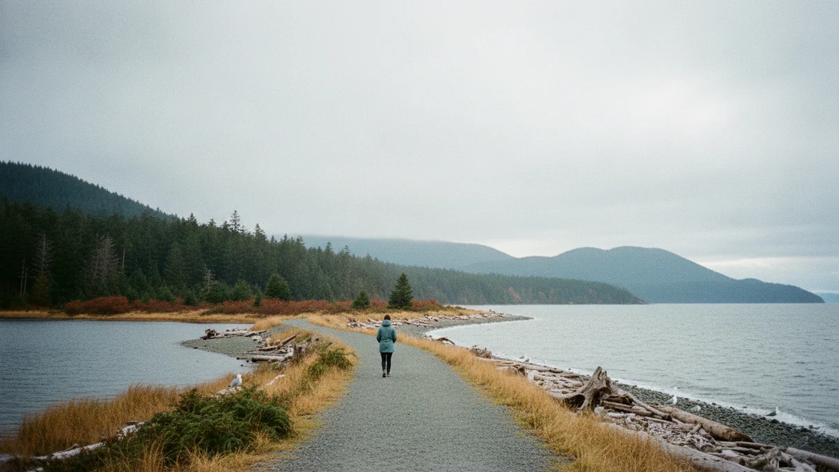 A person in a teal rain jacket walking away along a gravel path on a narrow spit between a lagoon and the sea, under a wide, bright overcast sky, with driftwood, dune grass and forested hills.